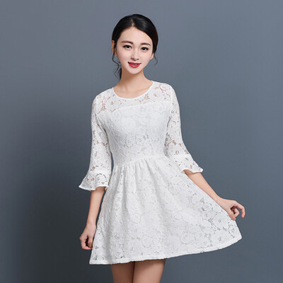 

KuoyiHouse 7010 lace dress Korean round neck collar waist Slim was thin female nine points speaker sleeve lace skirt white XXL