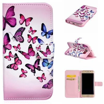 

Pink&blue butterfly Design PU Leather Flip Cover Wallet Card Holder Case for SAMSUNG GALAXY S6 EDGE