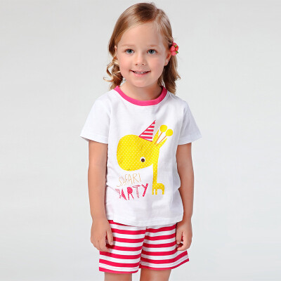 

Xin Song children 's suits girls deer printing T - shirts shorts suit B148A rose red stripes 110