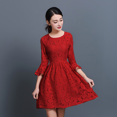 

KuoyiHouse 7010 lace dress Korean version of the round neck collar Slim was thin female nine cents hood sleeve lace skirt red XL