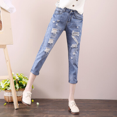 

City plus CITYPLUS Arts Fan loose loose broken hole Harlan beggars pants casual jeans CWKN173256 light blue