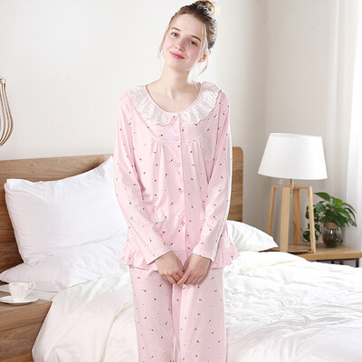 

Red beans home ladies pajamas spring&autumn cotton long sleeves cute dot cardigan home service suit 114 shrimp red 170 92A