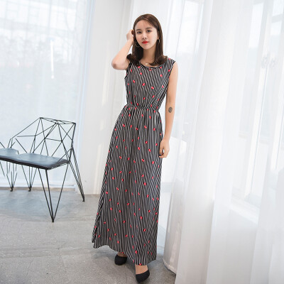 

KuoyiHouse 7323 17 years new Korean version of the long section of the round neck sleeveless suit dress female tight waist cotton long skirt cents 1 feather flower