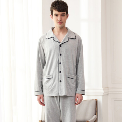

Modal couples pajamas men&39s cotton long-sleeved trousers lapel sweater solid color home clothing suit light gray