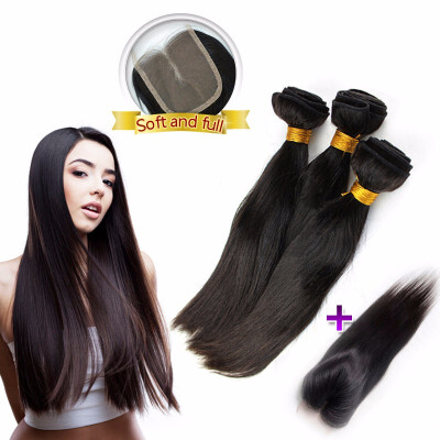 

Natural Black Color 3 Weave Hair Bundles With Lace Closure Straight Peruvian Human Virgin Hair Full Weft Extensions