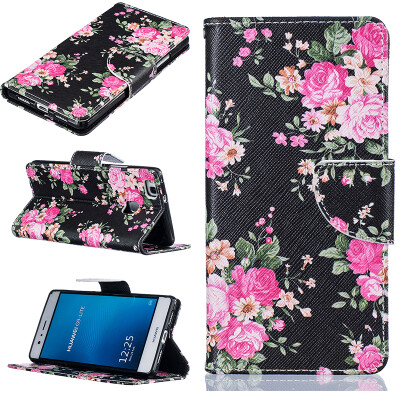 

Black flowers Design PU Leather Flip Cover Wallet Card Holder Case for HUAWEI P9 Lite