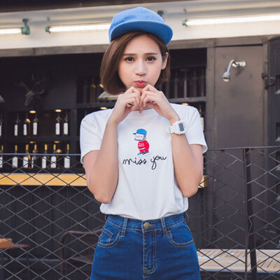 

Long Yue Women Uncle Shooter Short Sleeve T-Shirt Letter Print Cartoon LWTD173207 White L
