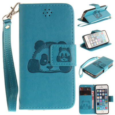 

Sky blue Panda Style Embossing Classic Flip Cover with Stand Function and Credit Card Slot for IPHONE 5/5S/5SE
