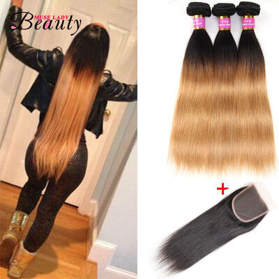 

Ombre Brazilian Hair T1B/27 3 Bundles With Closure Muse Lady Beauty Hair Products Blonde Weave Bundles Brazilian Straight