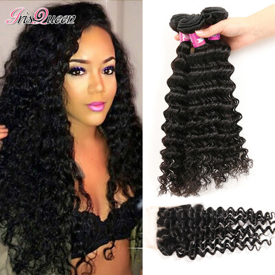 

8A Brazilian Virgin Hair With Closure 3pcs Hair Products Brazilian Deep Wave With Closure Hair Bundles With Lace Closures