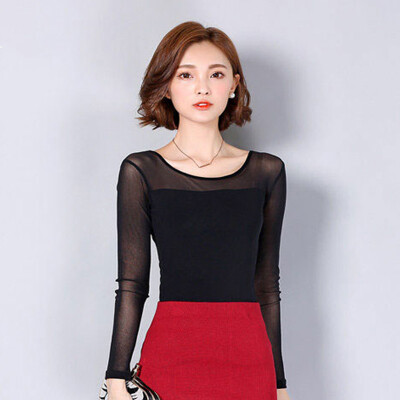 

Fubixi FUBIXIAN spring and autumn women's wild round neck net yarn bottoming shirt D2565 black L