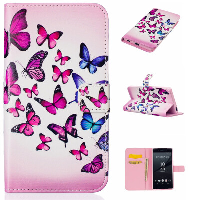 

Pink and blue butterfly Design PU Leather Flip Cover Wallet Card Holder Case for SONY Xperia Z5