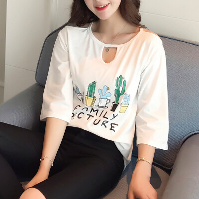 

VIVAHEART Korean casual loose hollow print T-shirt T-shirt female Korean version of the round neck shirt VWTD173132 white S