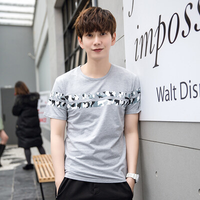 

(Yishistyle) stitching camouflage round neck short sleeve T-shirt male ZYT006 white L