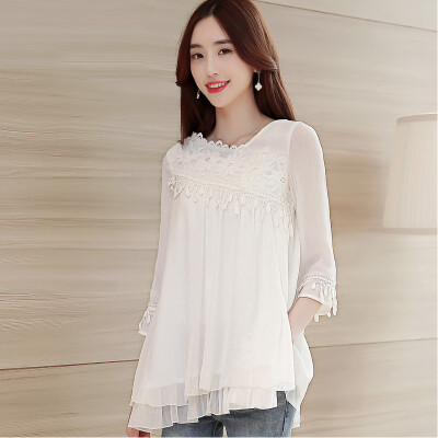 

A pond morning 2017 autumn chiffon shirt long sleeves wide loose lace S61A0023A7S white