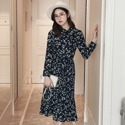 

Longyue Women&39s Floral Slim Long Sleeve Dress Butterfly Belt with Waist Pleated Skirt Long Skirt LWQZ172118 Blue