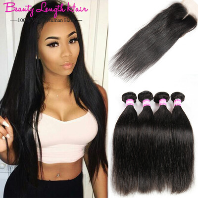 

Brazilian Straight Hair With Closure 100 Human Hair Weave 4 Bundles With Lace Closure Brazilian Virgin Hair With Closure