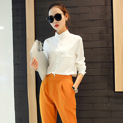 

Xian Ya fashion Slim temperament was thin Korean version of pure color wild chiffon shirt two-piece suit female zx16021703 white orange pants l