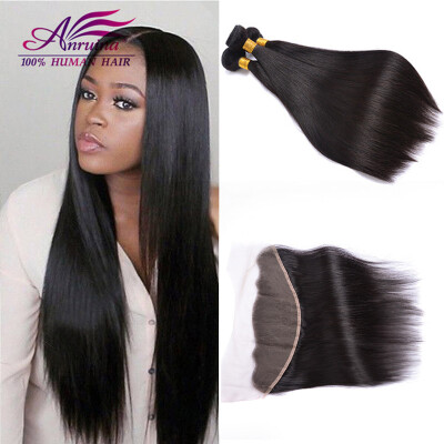 

Top Frontal With Bundles Straight Indian Virgin Hair With Closure 3 Bundles With Lace Closure Free Part With Baby Hair