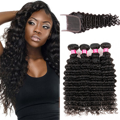 

Virgin Brazilian Deep Wave With Closure 4 Bundles Mink Brazilian Hair With Closure Deep Curly Tissage Bresilienne Avec Closure