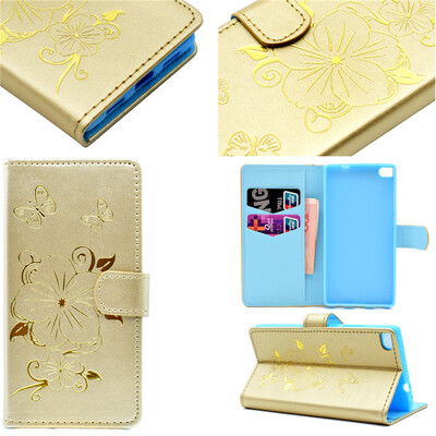 

Gold Hot Stamping Foil Gold Design PU Leather Flip Cover Wallet Card Holder Case for Huawei Ascend P8