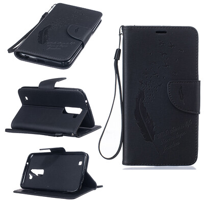 

Black Feathers and birds Style Embossing Classic Flip Cover with Stand Function and Credit Card Slot for LG K10