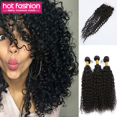 

8A Grade Unprocessed Human Virgin Hair 3 Связки с закрытием Перуанские кудрявые вьющиеся волосы с закрытием, кружевное закрытие со связями