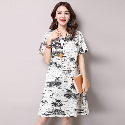 

JIANZHI 2017 summer new cotton&linen printing Chinese national wind pregnant women large size short sleeve shirt dress 6036 black flower XL