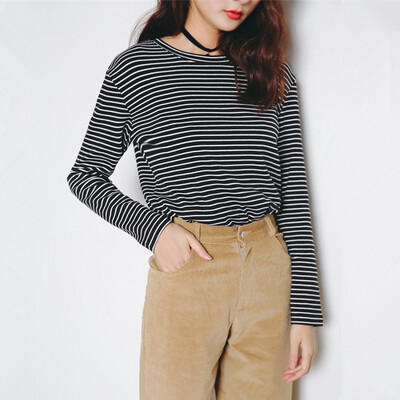 

CITYPLUS Arts Fan Stripe Slim Stretch Shirt Sleeve Knit Long Sleeve T-Shirt Women CWTC172269 Black Free Size