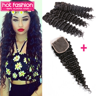 

Indian Virgin Hair Deep Wave With Closure 3 Bundles Human Hair Deep Wave With Closure Indian Deep Wave Hair With Closure On Sale