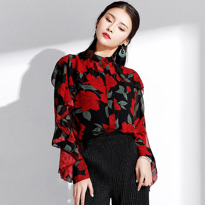 

MAZOE Printed Shirt Chiffon Wood Ear Big Flower Short Bat Sleeve Top Shirt M008 Red Rose One Size