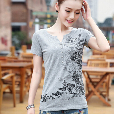 

Victoria の laying national wind large size printing fashion temperament wild simple V-neck short sleeve Korean casual T-shirt female PZIT3618 gray regular collar XL