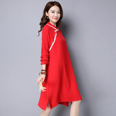 

MAXWAY Women&39s Wear 2017 Spring Artistic Retro Chinese Style Loose Long Sleeve Closed Skirt Long Sleeve Dress MW090 Red