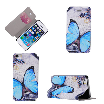 

Blue Butterfly Design Кожа PU откидной крышки Кошелек для карты памяти Чехол для iPhone 5