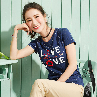 

Semir T-shirt summer student embroidery wave point printing round neck bottoming shirt 12216000012 blue&white tone M