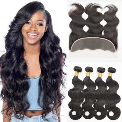 

4 Bundles Brazilian Virgin Hair with Lace Frontal Closure 8A 134 Ear to Ear Lace Frontal Brazilian Body Wave Human hair Weaves