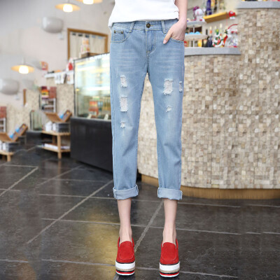 

VIVAHEART Korean casual Harlan hole nine points jeans women loose BF feet pants tide VWKN173238 light blue 27