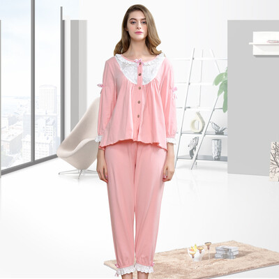 

Yalu Pajamas Set Женщины Весна и Осень Кружева Хлопок с длинным рукавом Круглый воротник Повседневный с длинным рукавом Брюки Wearable Нижнее белье Главная Услуги Розовый L