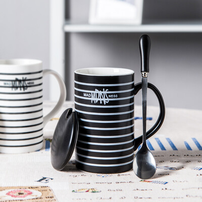 

Porcelain soul ceramic tape with spoon cups simple coffee cups large capacity creative personality couple cups mugs line life black thread