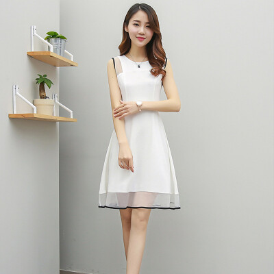 

Longyue Women's Wild Pure Color Dresses Temperament Round Collar Splicing Net Yarn Skirt LWQZ174213 White