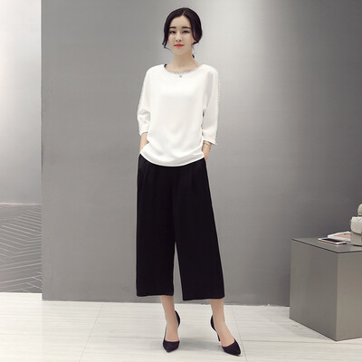 

A pond morning 2017 autumn women's self-cultivation temperament two-piece suit sleeves fashionable wide leg pants suit female S71R0521 on the white under the black S