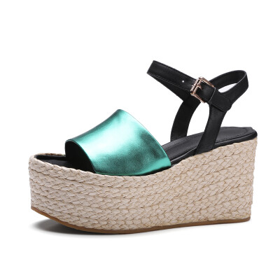 

WETKISS 2017 Fashion Straw Weave Wedges Women Sandals Genuine Leather Platform Shoes High Casual Ankle Strap Thick Sole Sandals