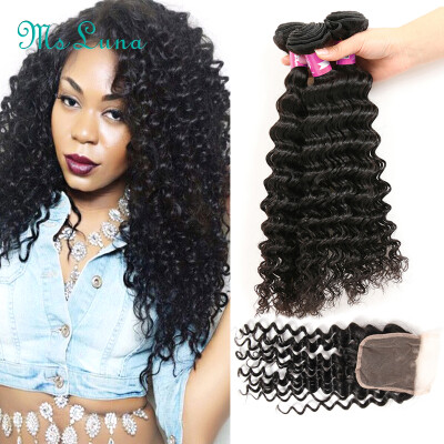 

8A Peruvian Virgin Hair With Closure Deep Wave Human Hair Bundles With Lace Closure Peruvian Virgin Hair 3 Bundles With Closure