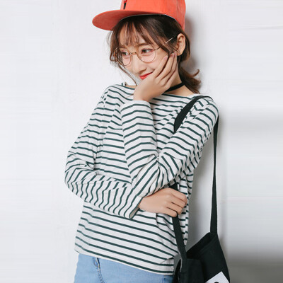 

CITYPLUS text of the word collar striped long-sleeved backing T shirt CWTC172270 black stripes are all white