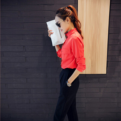 

Xian Ya fashion Slim temperament was thin Korean version of pure color wild chiffon shirt two sets of suit female zx16021703 red black pants