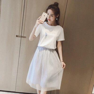 

VIVAHEART Korean Women&39s Letter Embroidered Dress T-Shirt Skirt Set VWQZ174250 White