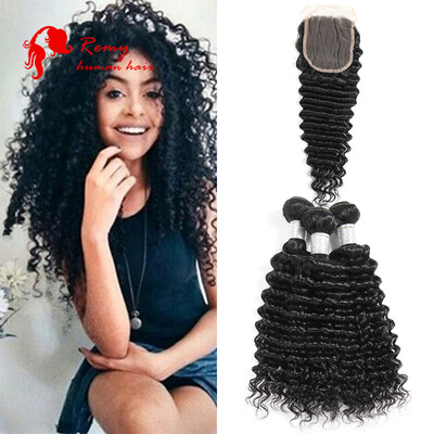 

Peruvian Virgin Hair with Closure Peruvian Deep Wave 3 Bundles with Closure 100 Human Hair Peruvian Curly Hair with Lace Closure