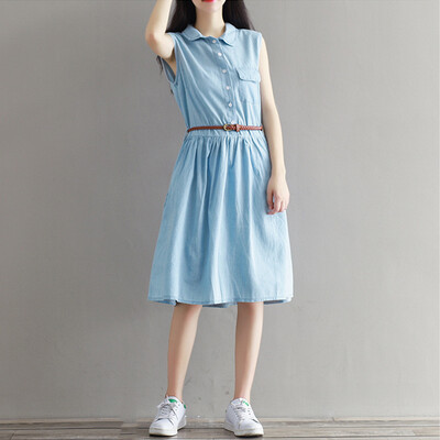 

CITYPLUS Sen Female Bunny Long Skirt Loose Large Size Shirt Collar Vest Skirt Breathable Sleeveless Dress CWQZ172355 Light Blue L