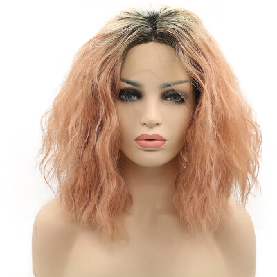 

Anogol Dark Roots Ombre Pink Bob Short Wave Peruca Laco Sintetico Heat Resistant Fiber Wavy Hair Wigs Synthetic Lace Front Wig