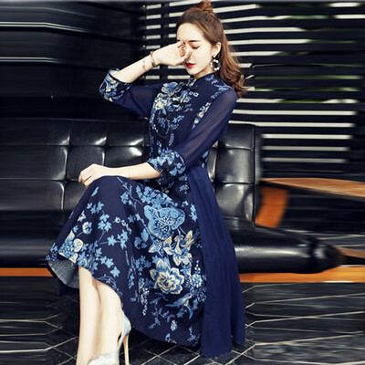 

MaxWay весной и летом 2017 национальный ветер хлопок шифона шить платье Тонких женщин положить на большую тарелке кнопки стоять воротник синего платье MW080 M